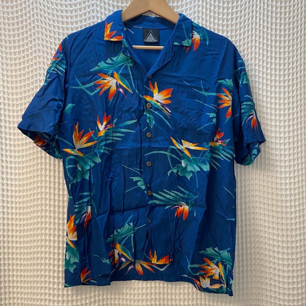 Kennington Vintage Floral Birds Of Paradise Hawaiian Rayon Camp Collar Shirt